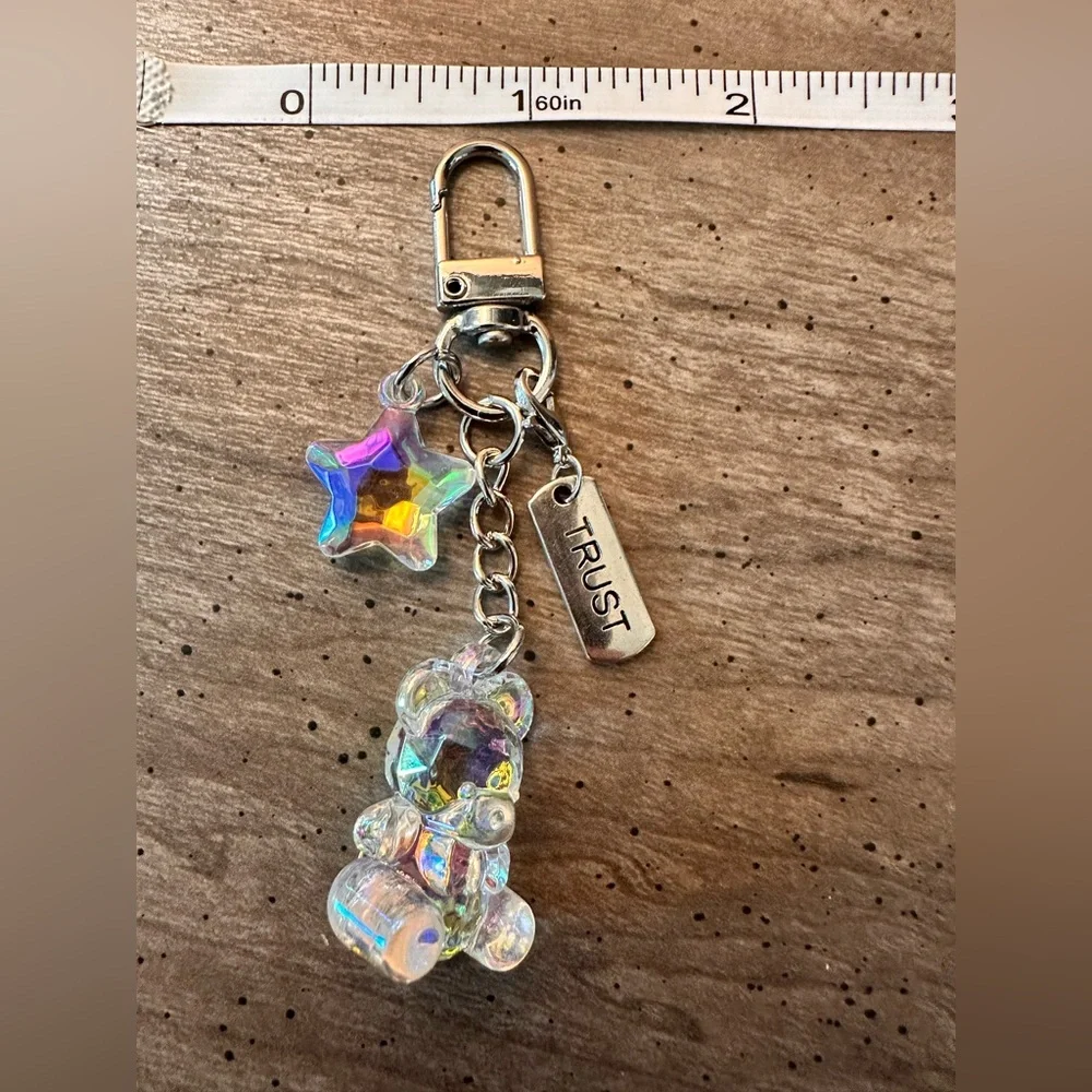Iridescent Bear Keychain with Star and Trust Charm